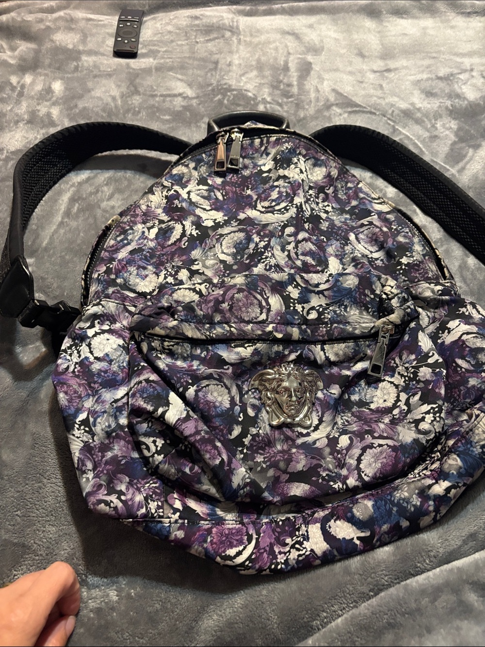 Versace Purple Floral  Backpack with Silver Medusa Accent - Picture 5 of 17